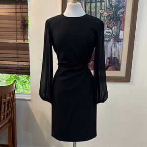 DAVID WARREN NEW YORK Elegant Black Dress w/ Sheer Slvs & Crystal Hardware SZ 8